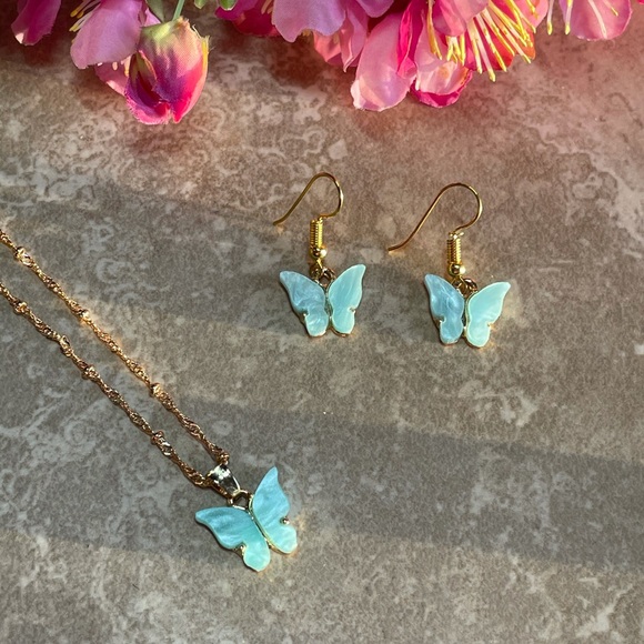🌸 2PC: EARRINGS & NECKLACE BOHO SET BUTTERFLY BUNDLE SET BLUE FAIRY PRETTY CHIC - Picture 9 of 11